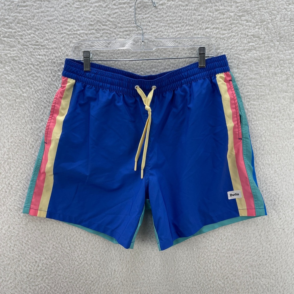 Duvin Swim Trunks Mens XL Blue Retro Colorblock Striped Mesh Lined Vintage Style